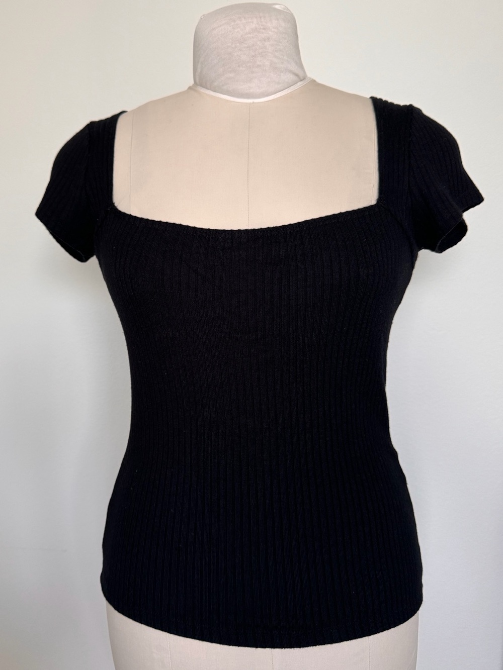 Reformation Black Ribbed Square-Neck Short Sleeve Top